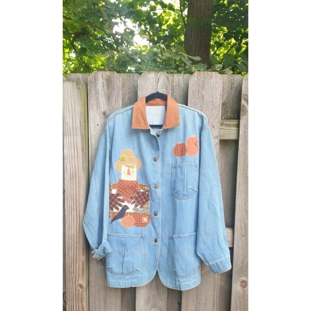 Fall Blue Jean Jacket Scarecrow Pumpkins Country Barn Coat Womens Size Large